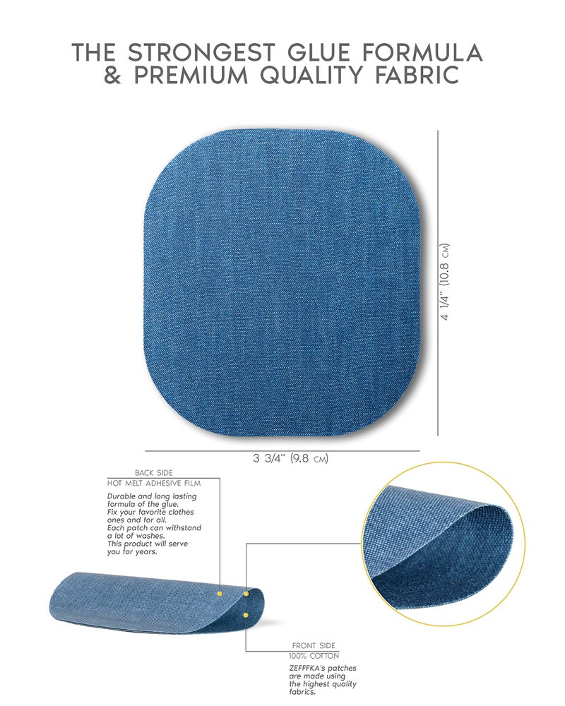 ZEFFFKA Denim Iron-on Jean Patches Inside & Outside Strongest Glue 100% Cotton Assorted Shades of Blue Black Repair Decorating Kit 10 Pieces Size 4-1/4" by 3-3/4" (9.8 cm x 10.8 cm) - Image 3